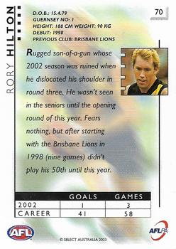 2003 Select XL Ultra AFL #70 Rory Hilton Back